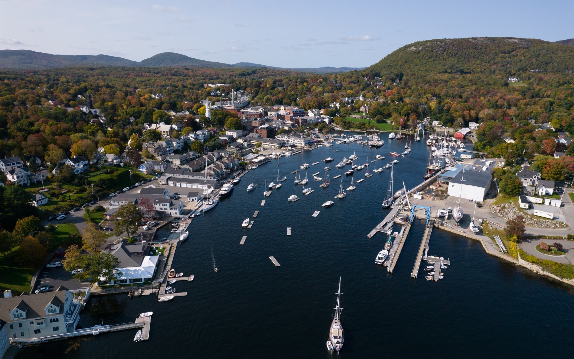 Drone view of Camden Harbor, Maine with annotated nearby places